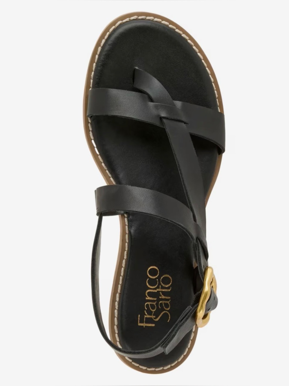 Franco Sarto Black Leather Cross-Strap Sandal with Gold Buckle(New Without Box)